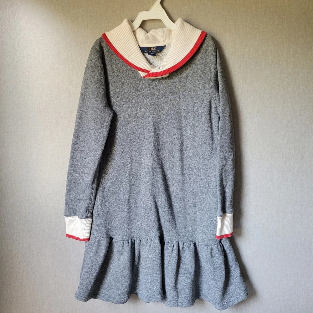Polo Ralph Lauren Girls Dress M 8 10 Gray Fleece Toggle Neck Preppy Winter Ski